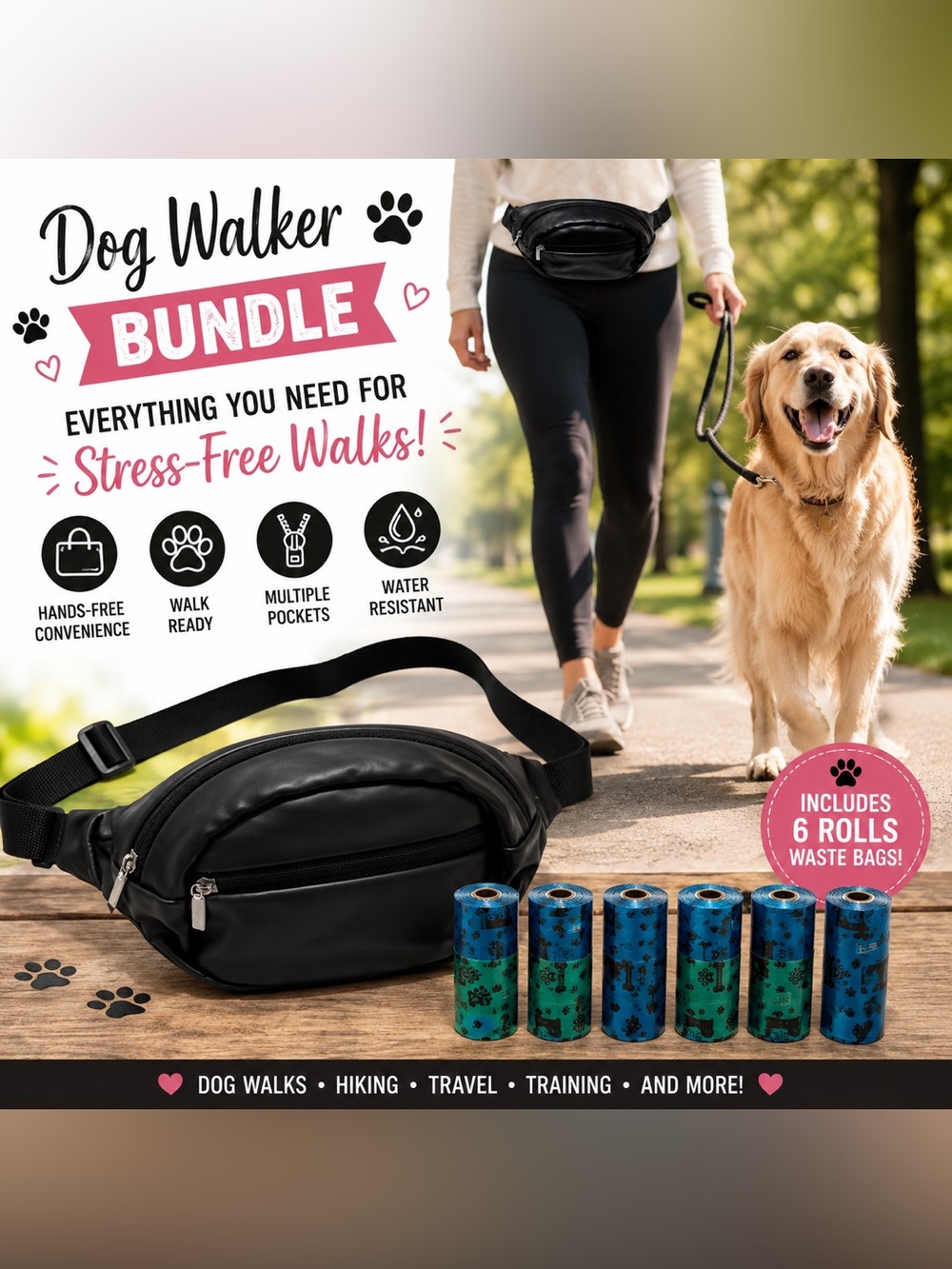 Dog Walker Bundle Black Belt Bag + 6 Waste Bag Rolls Hands-Free Pet Walking